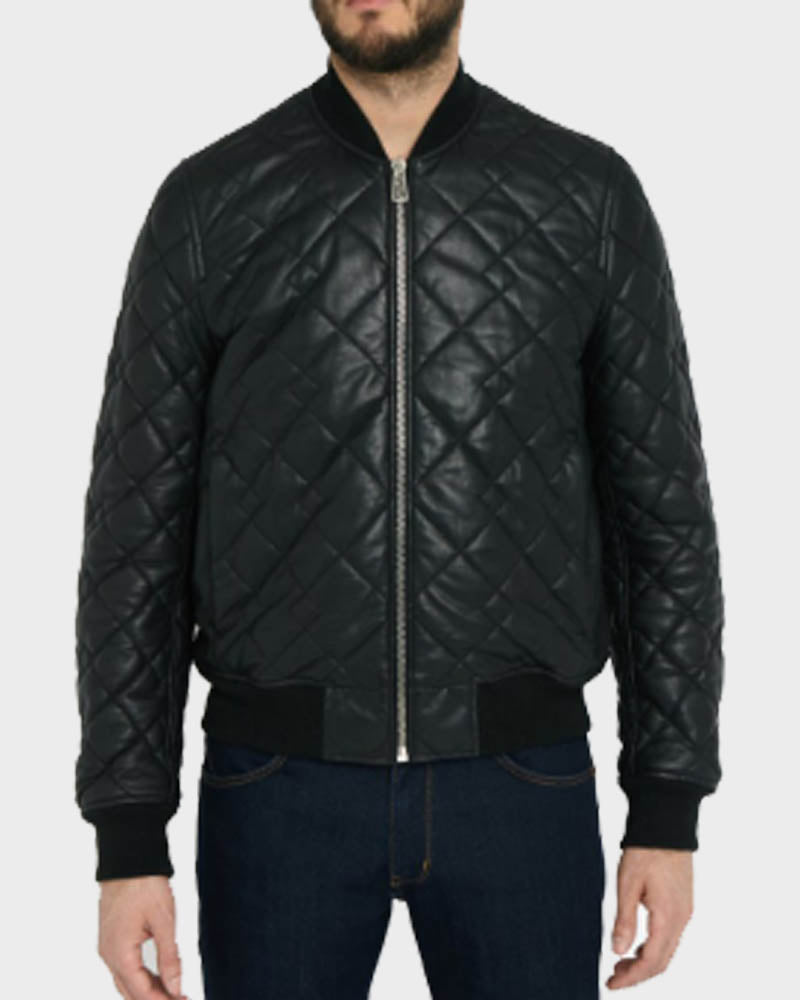 Mens Black Quilted Bomber Leather Jacket Leather Jacket men front product view | Dash Racegear — Mens Bomber Black Quilted Leather Jacket