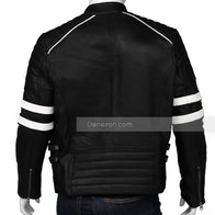Mens Black Retro Cafe Racer Leather Jacket Leather Jacket men detail view 4 | Dash Racegear — Black Retro White Striped Leather Jacket