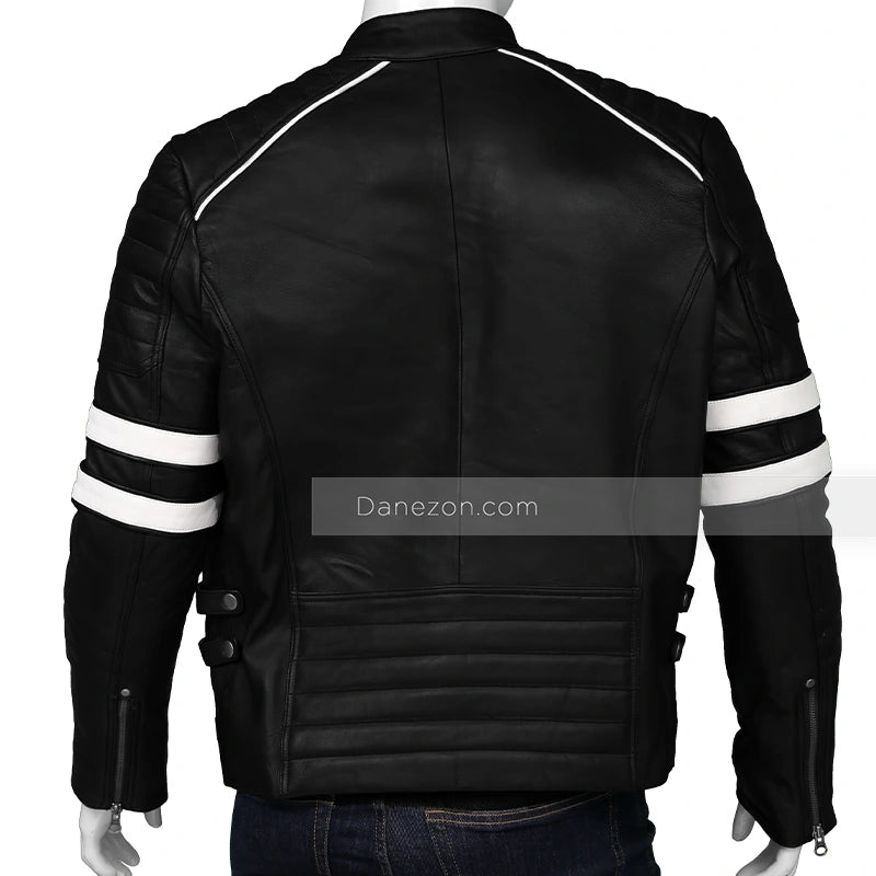 Mens Black Retro Cafe Racer Leather Jacket Leather Jacket men detail view 4 | Dash Racegear — Black Retro White Striped Leather Jacket