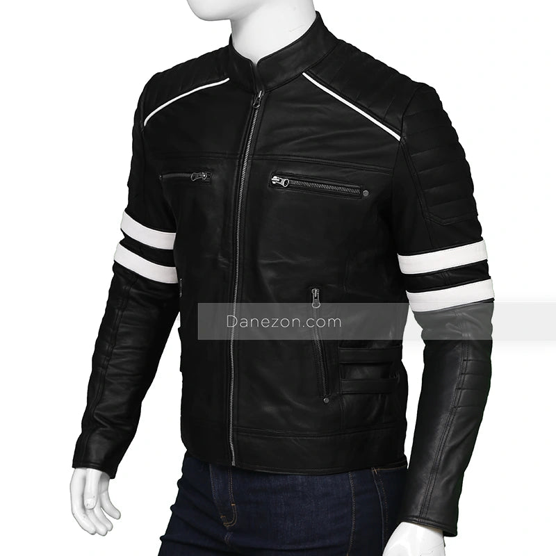 Mens Black Retro Cafe Racer Leather Jacket Leather Jacket men detail view 3 | Dash Racegear — Black and White retro leather jacket