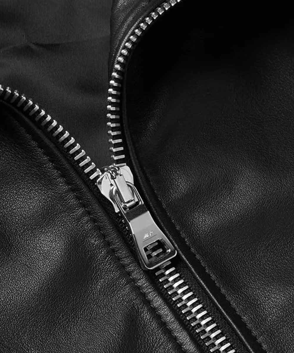 Mens Black Bomber Shearling Jacket Jacket men detail view 2 | Dash Racegear — Mens Black Leather Shearling Jacket for Winter Outfit