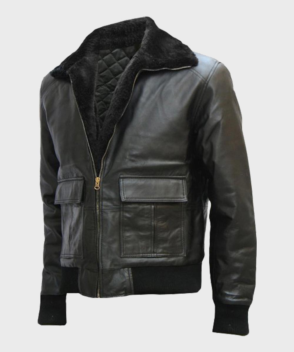 Mens Black Shearling Bomber Leather Jacket Leather Jacket men front product view | Dash Racegear — Mens Shearling Bomber Black Leather Jacket