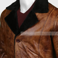 Mens Distressed Brown Shearling Leather Coat Leather Jacket men detail view 3 | Dash Racegear — Mens Black Shearling Brown Leather Coat