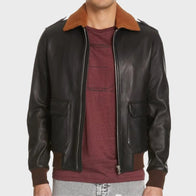 Mens Shearling Collar Black Bomber Jacket Bomber Jacket unisex front product view | Dash Racegear — Men’s Shearling Collar Bomber Leather Jacket In Black