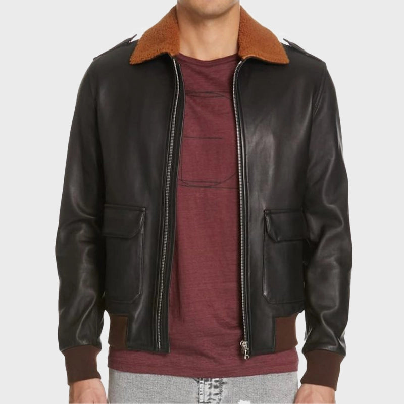 Mens Shearling Collar Black Bomber Jacket Bomber Jacket unisex front product view | Dash Racegear — Men’s Shearling Collar Bomber Leather Jacket In Black