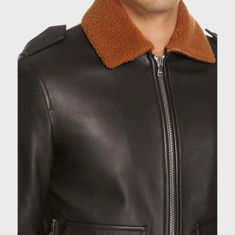 Mens Shearling Collar Black Bomber Jacket Bomber Jacket unisex detail view 2 | Dash Racegear — Men’s Black Shearling Collar Bomber Leather Jacket
