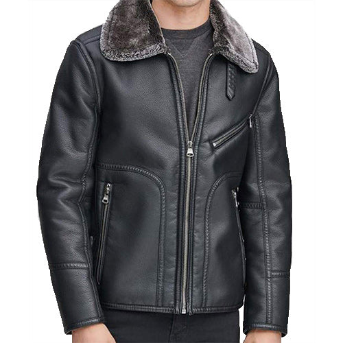 Mens Black Leather Faux Shearling Collar Jacket Jacket men detail view 3 | Dash Racegear — Mens Black Shearling Collar Leather Jacket