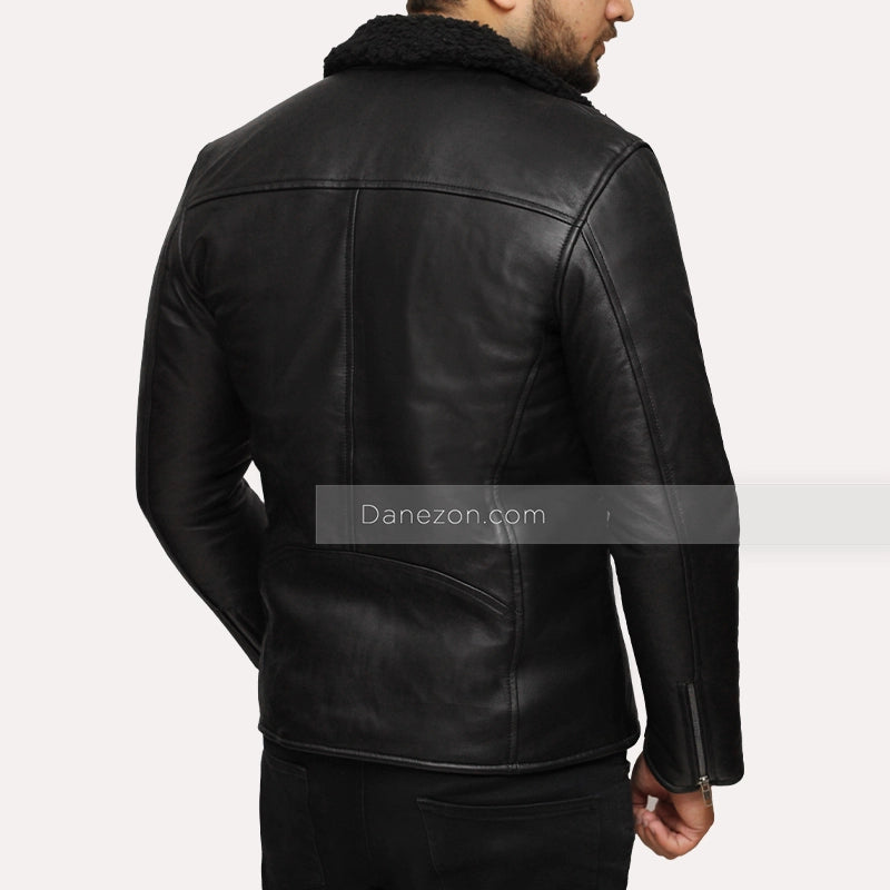 Mens Black Shearling Winter Leather Jacket Leather Jacket men detail view 5 | Dash Racegear — Black Biker Shearling Jacket