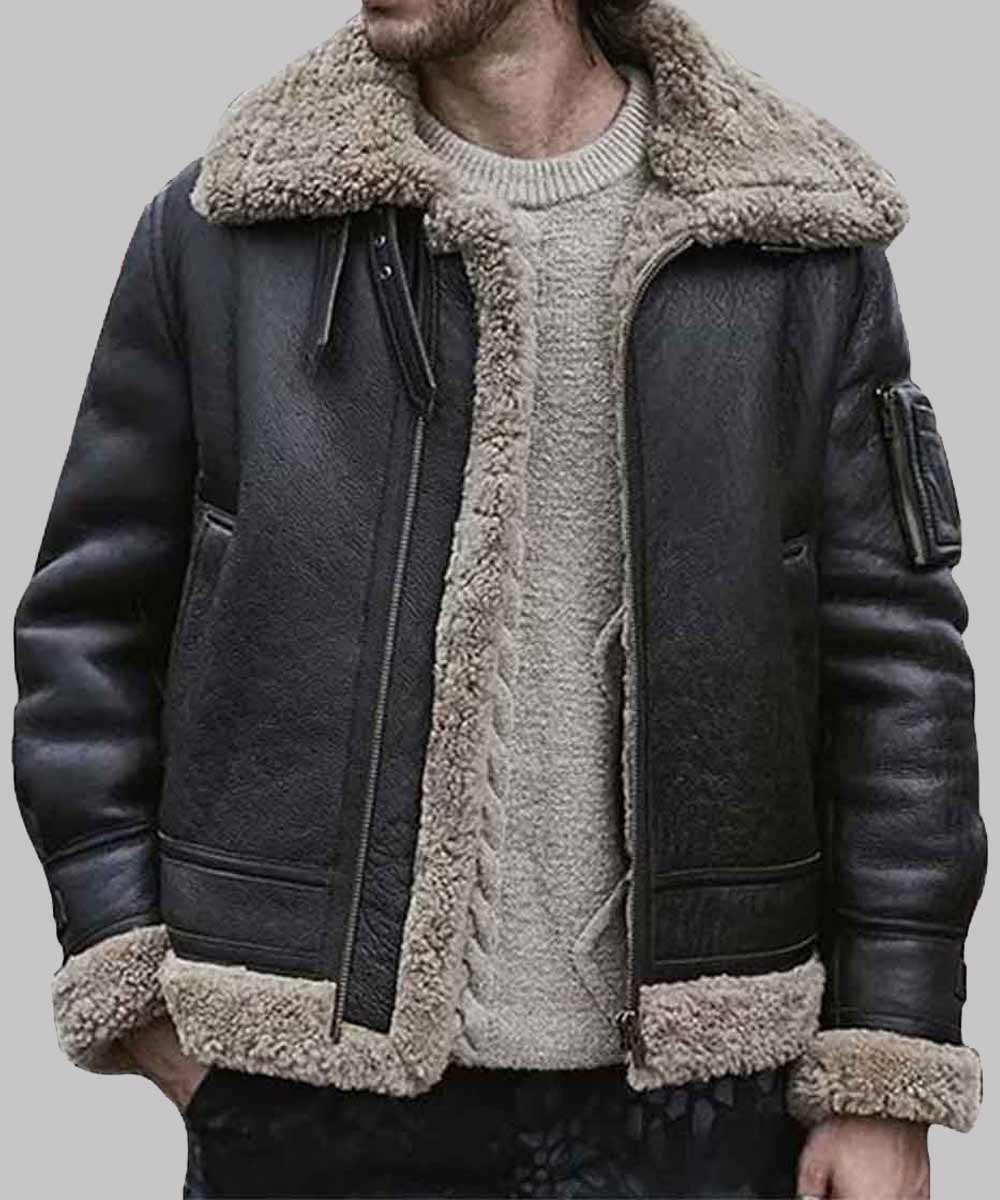 Mens Black Sheepskin Leather Shearling Jacket Jacket men front product view | Dash Racegear — Mens Sheepskin Shearling Black Aviator Jacket