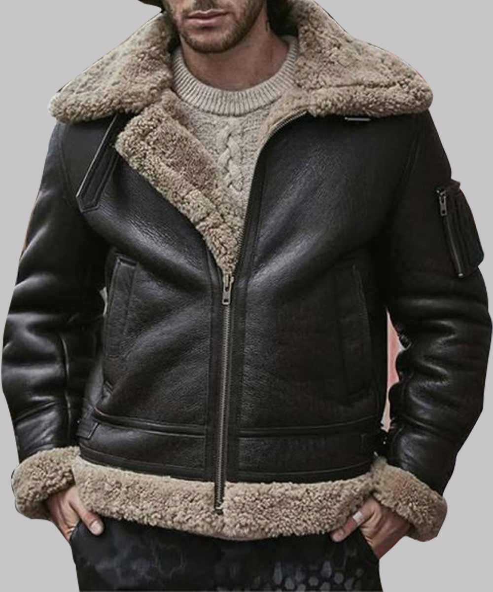 Mens Black Sheepskin Leather Shearling Jacket Jacket men detail view 2 | Dash Racegear — Mens Sheepskin Shearling Black B3 Leather Jacket