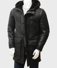 Mens Black Sheepskin Duffle Coat Jacket men front product view | Dash Racegear — Mens Sheepskin Black Duffle Leather Coat