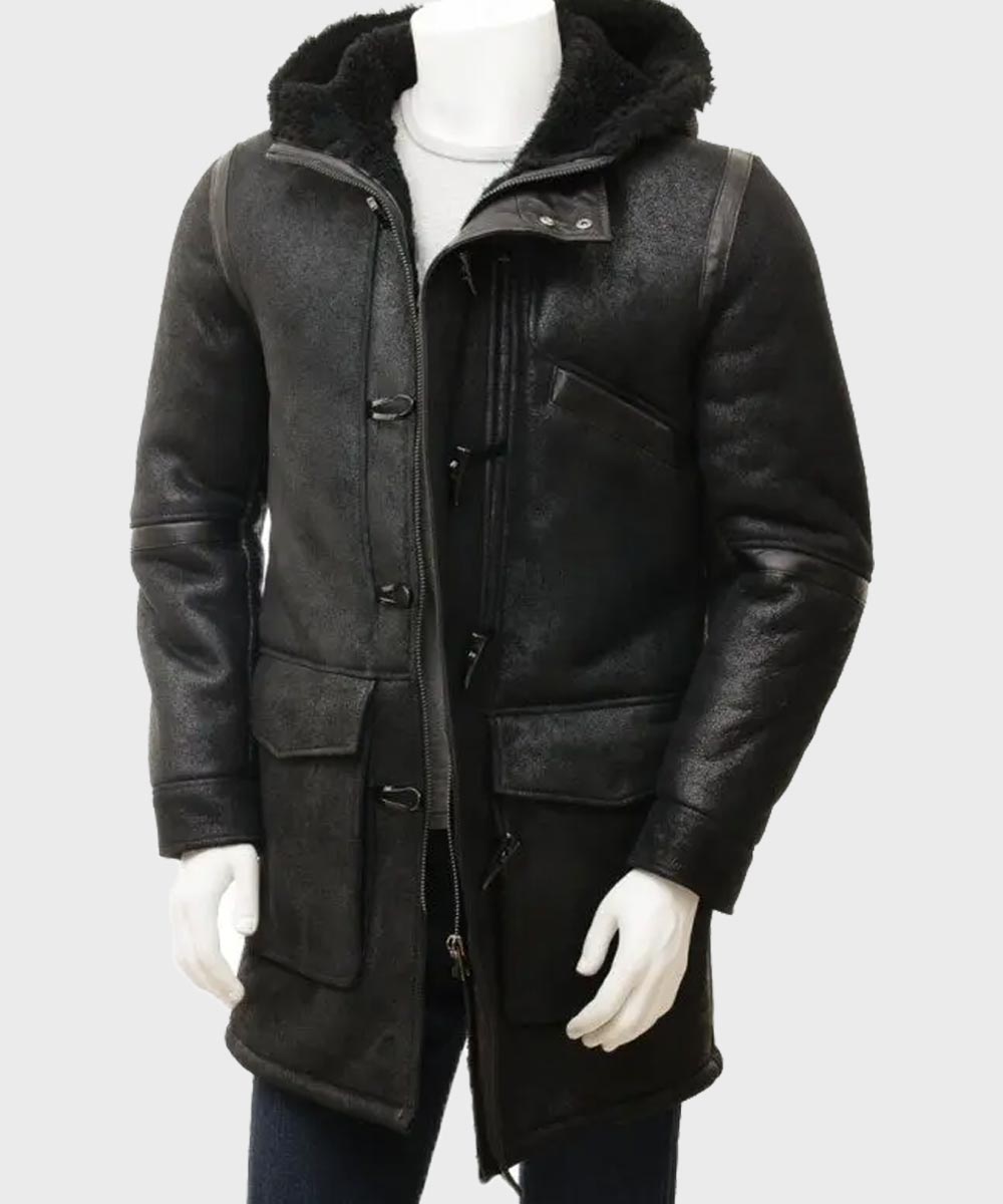 Mens Black Sheepskin Duffle Coat Jacket men front product view | Dash Racegear — Mens Sheepskin Black Duffle Leather Coat