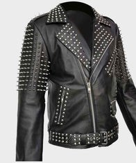Mens Black Motorcycle Studded Jacket Biker Jacket men detail view 3 | Dash Racegear — Mens Black Cropped Studded Leather Jacket