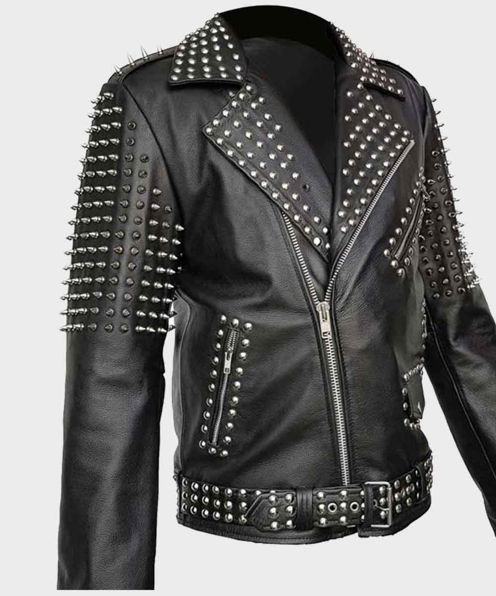 Mens Black Motorcycle Studded Jacket Biker Jacket men detail view 3 | Dash Racegear — Mens Black Cropped Studded Leather Jacket