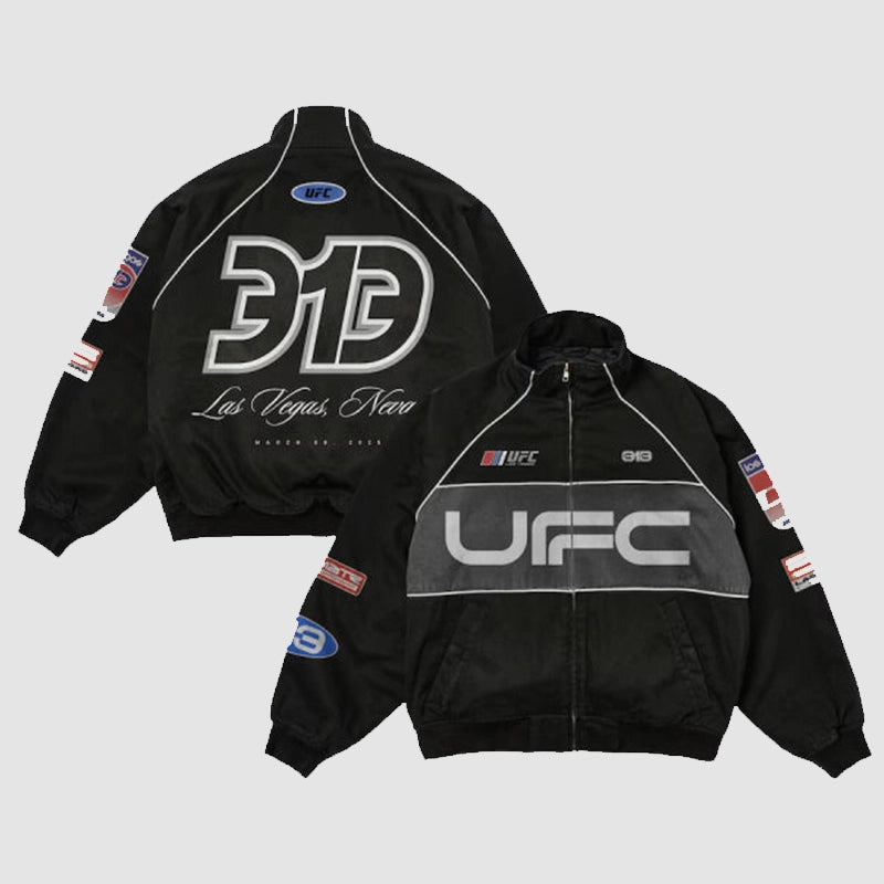 Men’s Black UFC 313 Asphalt Full-Zip Jacket Jacket unisex front product view | Dash Racegear — UFC 313 Black Jacket – Full-Zip Asphalt Design for True Fighters