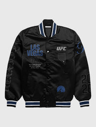 UFC 324 Las Vegas Bomber Jacket Bomber Jacket unisex front product view | Dash Racegear — Black UFC 324 Las Vegas bomber jacket for men, full-snap style designed for fans and everyday wear.