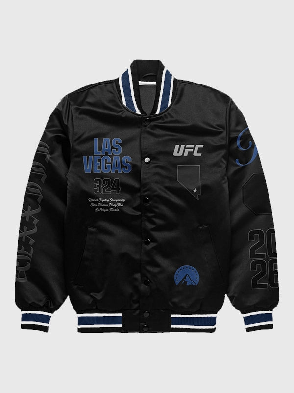 UFC 324 Las Vegas Bomber Jacket Bomber Jacket unisex front product view | Dash Racegear — Black UFC 324 Las Vegas bomber jacket for men, full-snap style designed for fans and everyday wear.