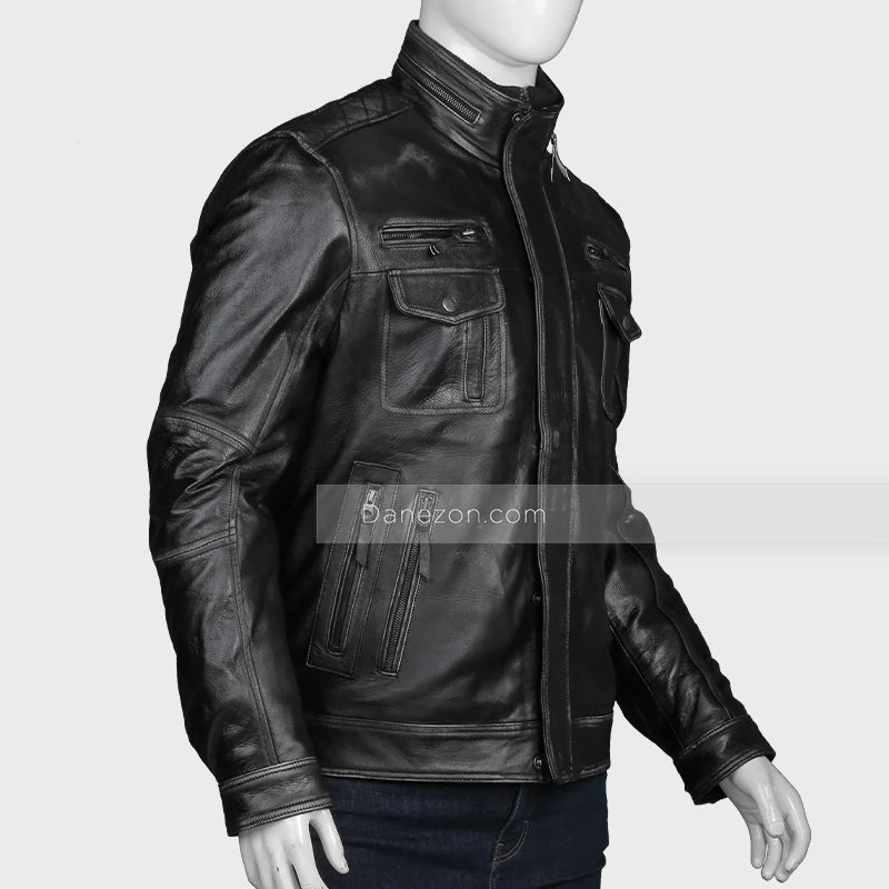Mens Black Zipper Pocket Leather Jacket Leather Jacket men detail view 2 | Dash Racegear — Mens Zipper Pocket Black Biker Leather Jacket