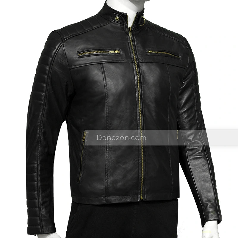 Mens Black Padded Biker Leather Jacket Leather Jacket men detail view 3 | Dash Racegear — Mens Black Biker Padded Leather Jacket
