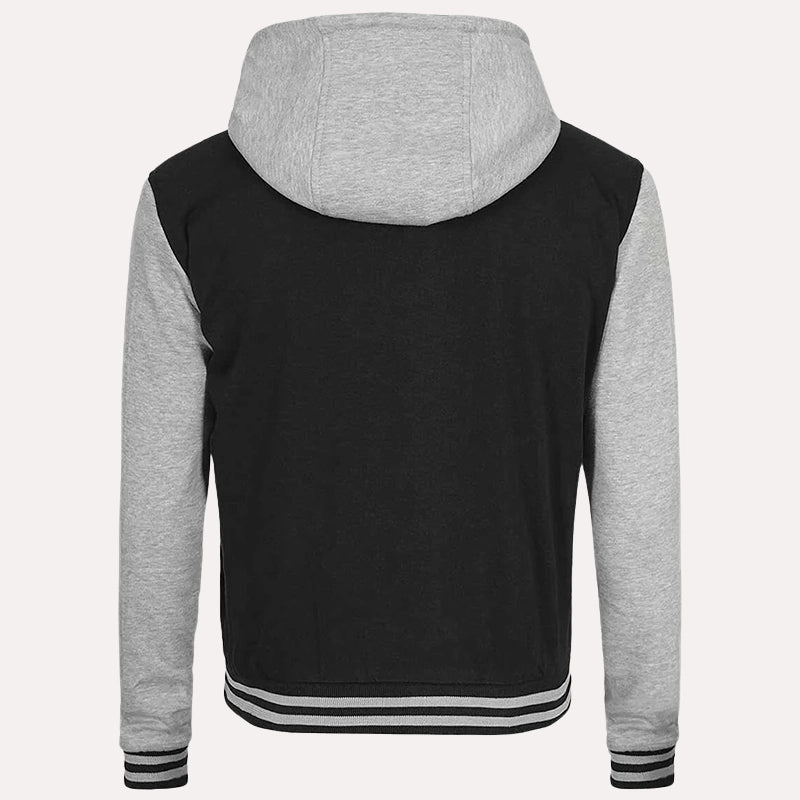 Mens Black and Gray Varsity Jacket Varsity Jacket men detail view 3 | Dash Racegear — Black and Gray Varsity Jacket With Hood