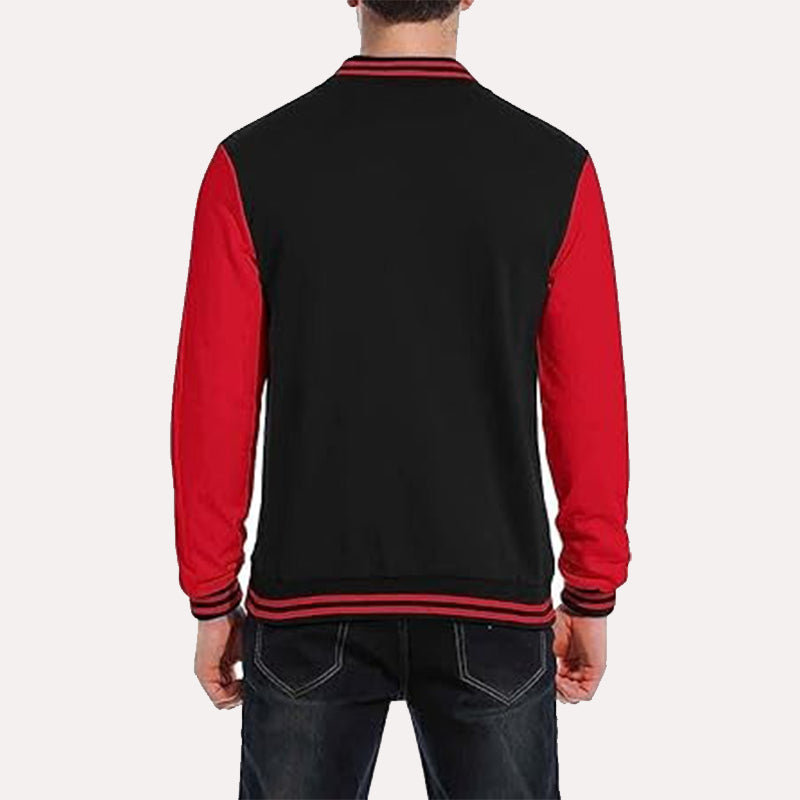 Mens Black and Red Varsity Jacket Varsity Jacket unisex detail view 2 | Dash Racegear — Mens Baseball Style Black and Red Varsity Jacket Fleece