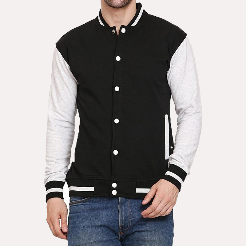 Mens Black And White Varsity Jacket Varsity Jacket unisex front product view | Dash Racegear — Black and White Varsity Jacket