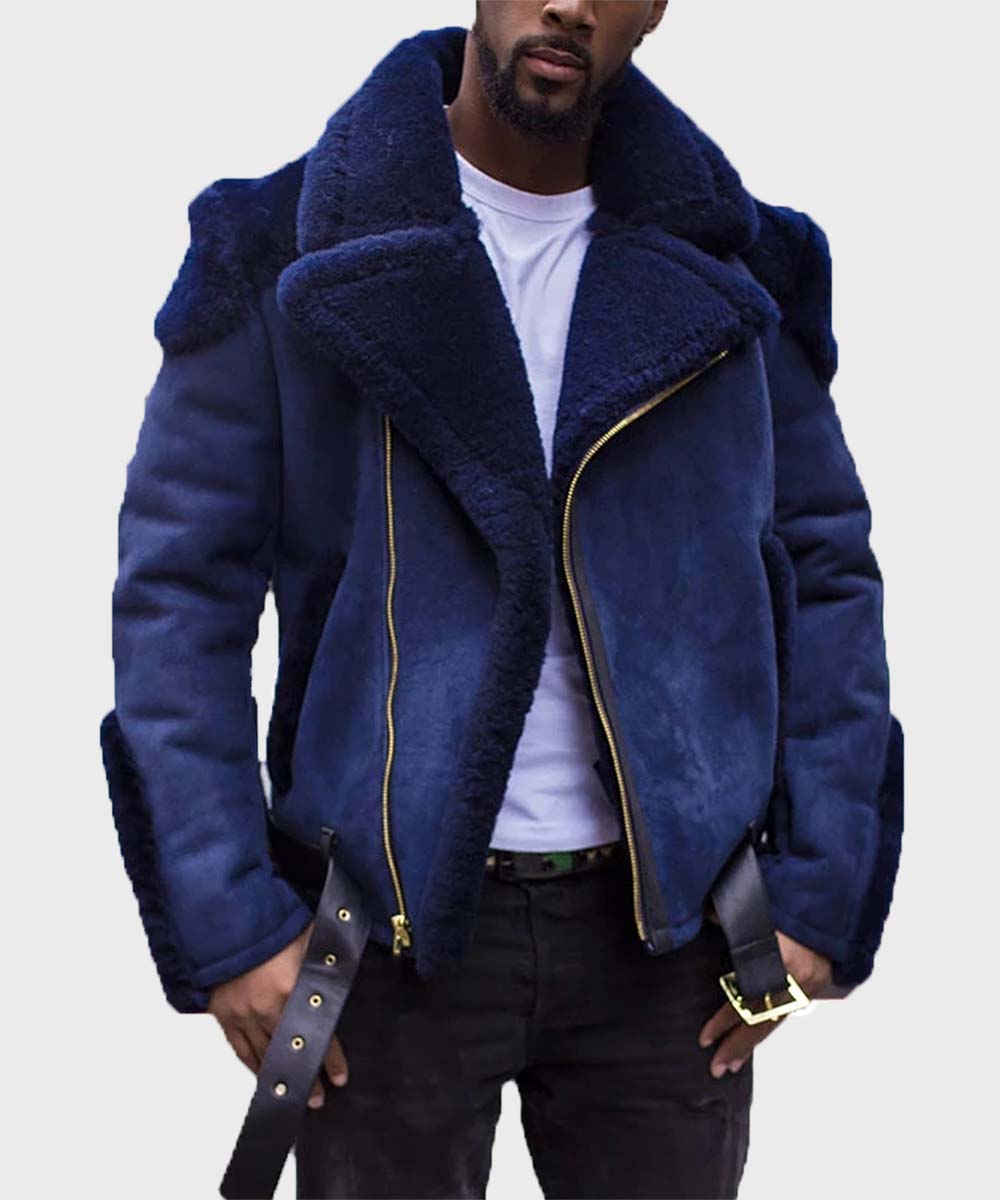 Mens Aviator Sheepskin Shearling Leather Jacket Leather Jacket men detail view 3 | Dash Racegear — Mens Sheepskin Shearling Blue Jacket