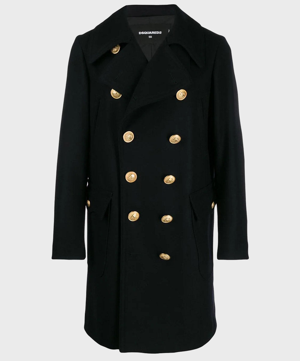 Mens Blue Double Breasted Wool Coat Coat men front product view | Dash Racegear — Winter Blue Peacoat