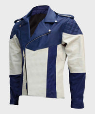 Men’s Blue and White Motorcycle Leather Jacket Biker Jacket men front product view | Dash Racegear — Men's Blue and White Motorcycle Leather Jacket