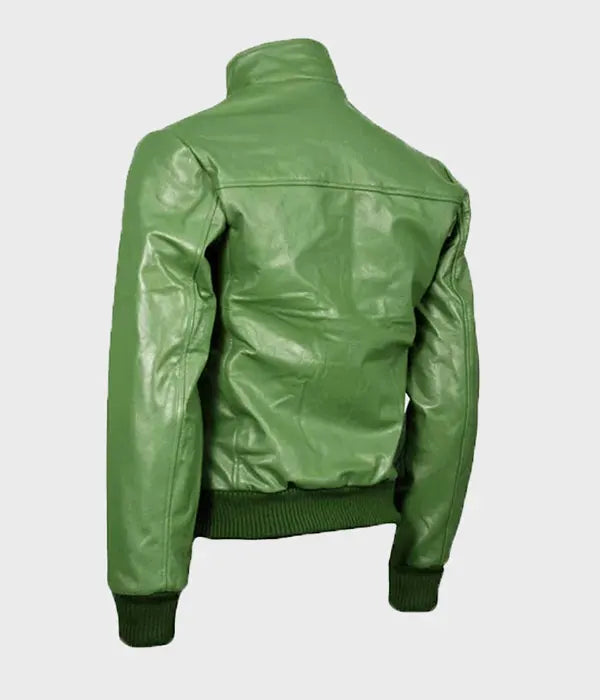 Mens Green Bomber Leather Jacket Bomber Jacket men detail view 2 | Dash Racegear — Mens Green Leather Bomber Jacket