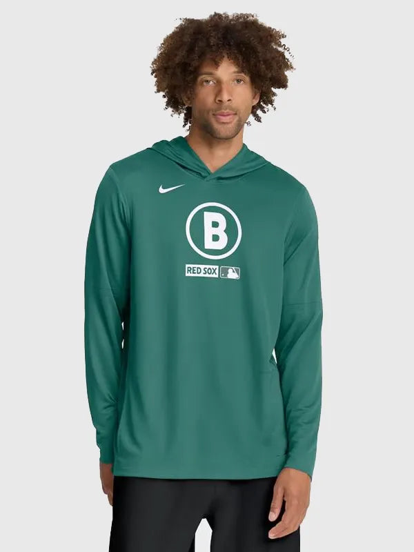Boston Red Sox Nike City Connect Long Sleeve Hooded T-Shirt Shirt unisex front product view | Dash Racegear — Men’s Boston Red Sox Nike Green City Connect Dri-FIT Hooded T-Shirt, breathable and sporty, ideal for fans on the move.