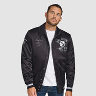 Brooklyn Nets Stitch Applique Satin Jacket Black Jacket unisex front product view | Dash Racegear — Brooklyn Nets Black Satin Jacket with Stitch Appliqué