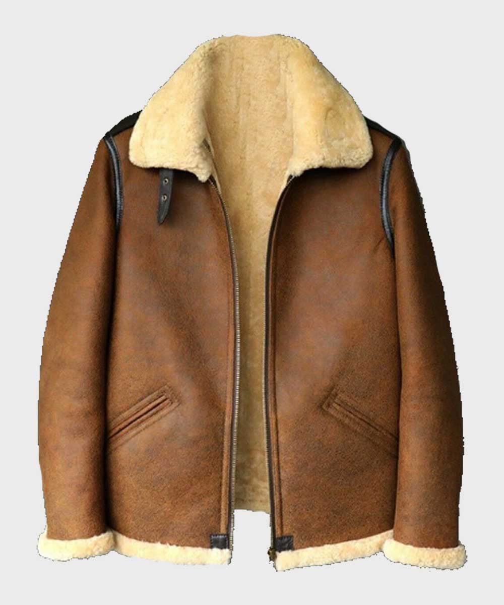 Mens Brown B3 Shearling Aviator Leather Jacket Leather Jacket men front product view | Dash Racegear — Brown Aviator Mens B3 Leather Jacket