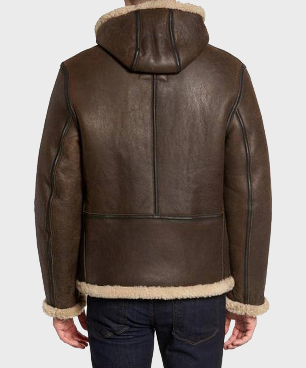 Mens Dark Brown Hooded B6 Shearling Jacket Jacket men detail view 3 | Dash Racegear — Mens Shearling Brown Hooded B6 Jacket