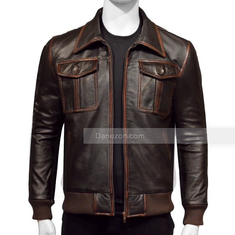 Mens Brown Bomber Distressed Leather Jacket Bomber Jacket men front product view | Dash Racegear — Distressed Leather Brown Bomber Jacket Mens