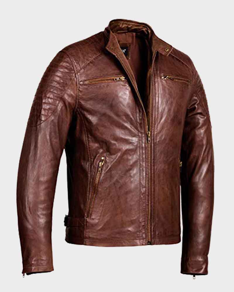 Mens Brown Café Racer Waxed Detailed Leather Jacket Leather Jacket men front product view | Dash Racegear — Mens Brown Waxed Detailed Café Racer Leather Jacket