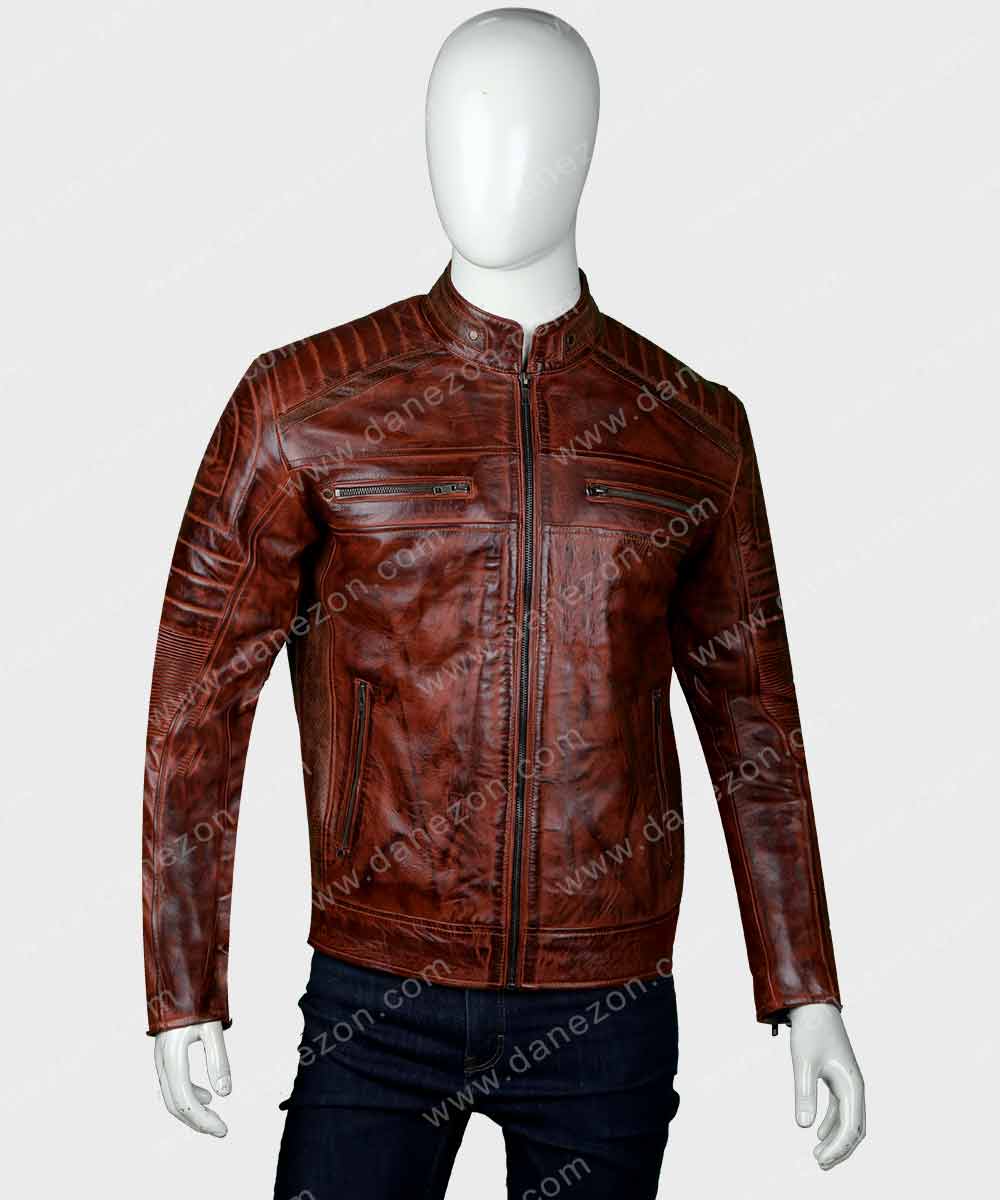 Mens Brown Cafe Racer Leather Jacket Biker Jacket men front product view | Dash Racegear — Mens Cafe Racer Brown Jacket