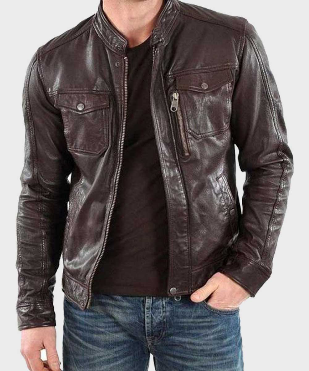 Mens Brown Casual Leather Jacket Leather Jacket men front product view | Dash Racegear — Mens Casual Leather Jacket