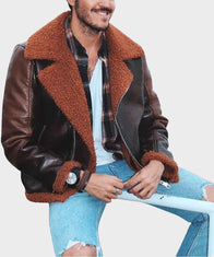 Mens Brown Distressed Aviator Shearling Leather Jacket Leather Jacket men front product view | Dash Racegear — Mens Aviator Distressed Brown Winter Shearling Jacket