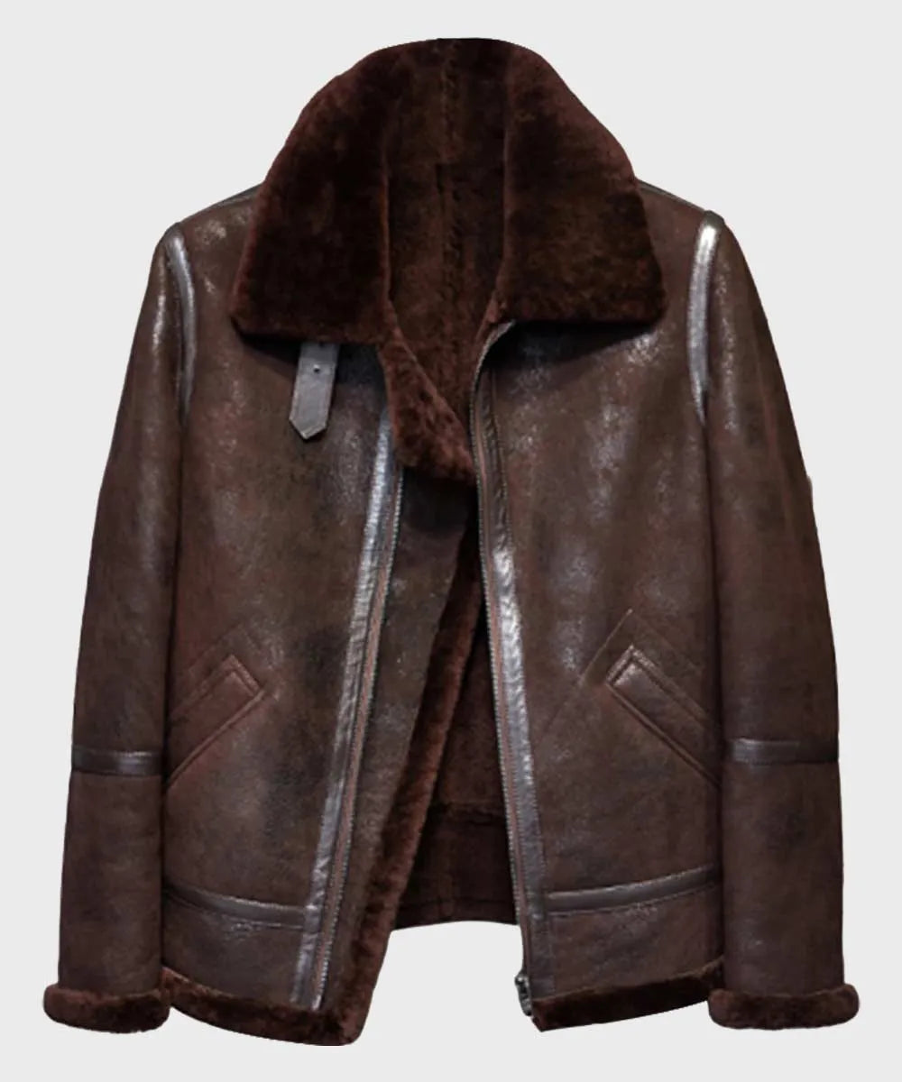 Men’s Brown Distressed B3 Shearling Leather Jacket Leather Jacket men front product view | Dash Racegear — Mens-Brown-Distressed-B3-Shearling-Leather-Jacket
