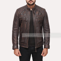 David Quilted Shoulder Distressed Leather Jacket Leather Jacket unisex detail view 3 | Dash Racegear — Distressed Brown Jacket Mens