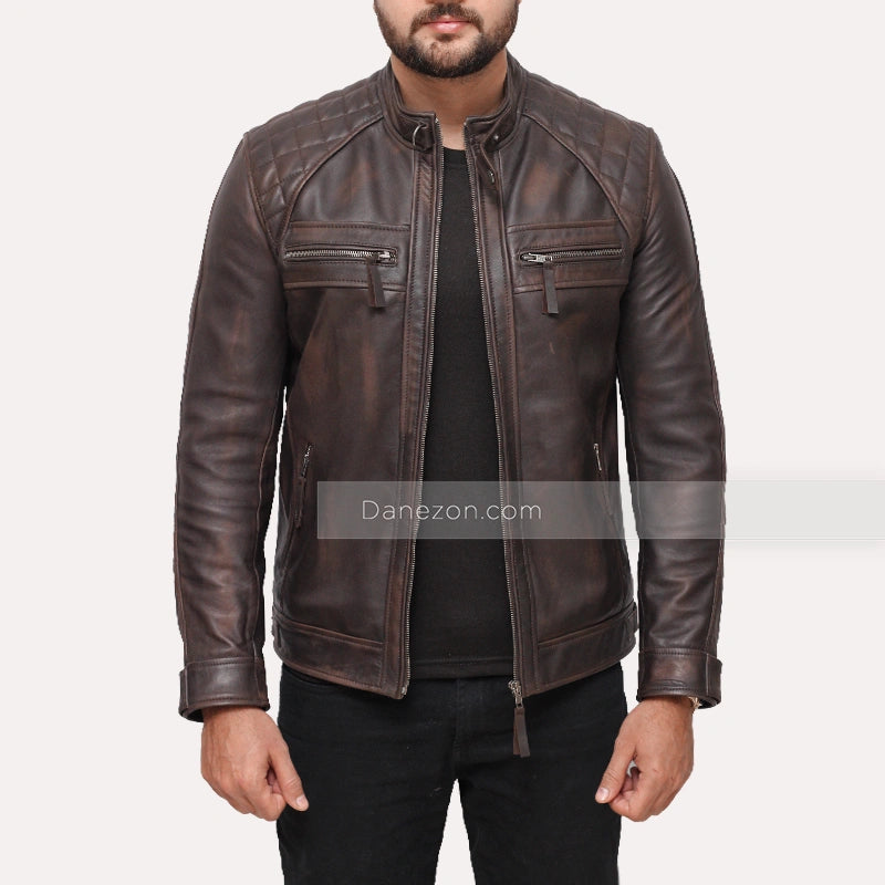 David Quilted Shoulder Distressed Leather Jacket Leather Jacket unisex detail view 3 | Dash Racegear — Distressed Brown Jacket Mens