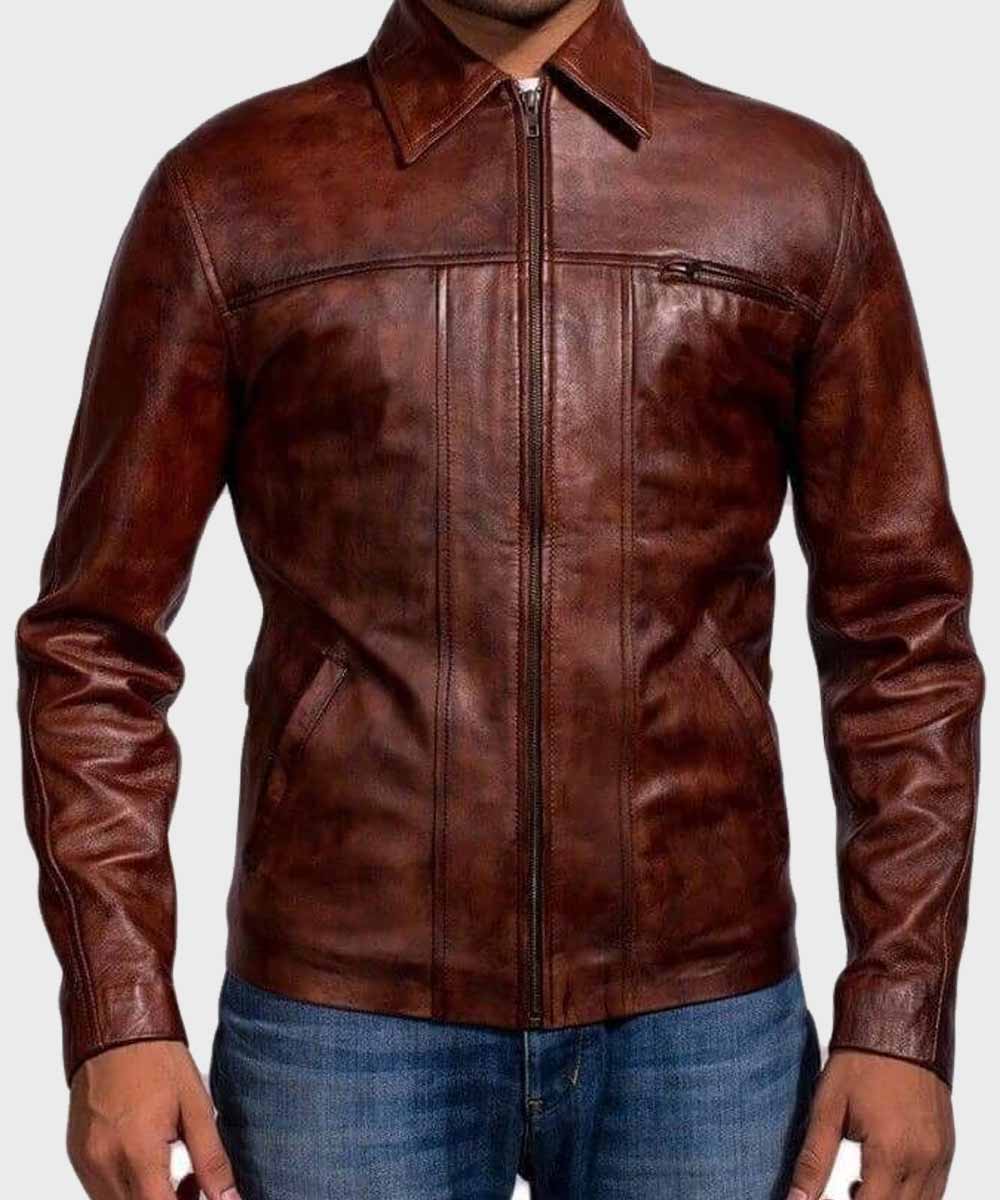 Mens Brown Distressed Leather Jacket Leather Jacket men front product view | Dash Racegear — Mens Brown Distressed Shirt Style Leather Jacket