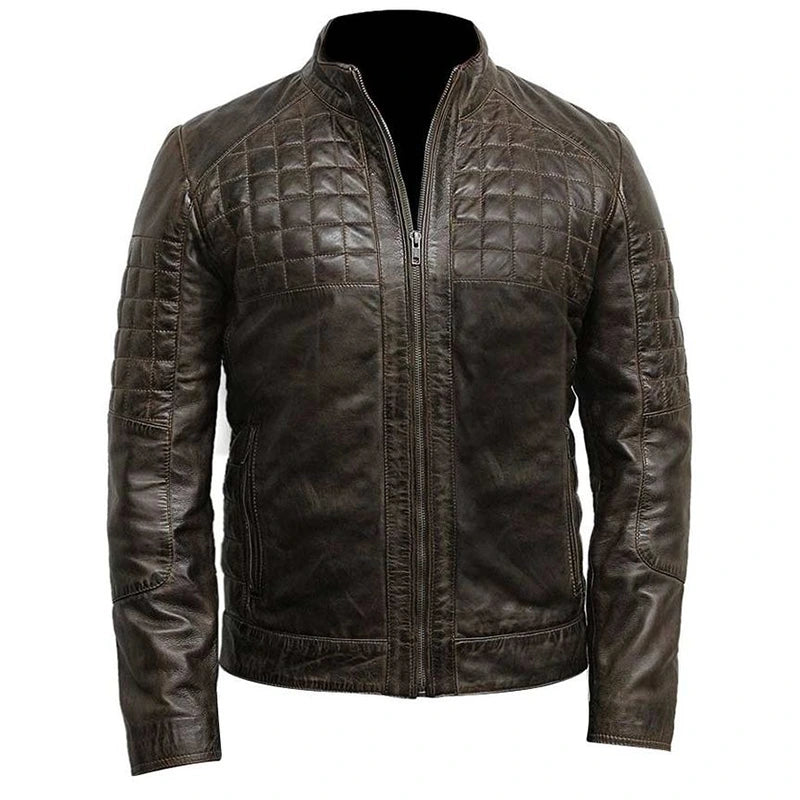 Jason Brown Quilted Leather Jacket Leather Jacket unisex front product view | Dash Racegear — Mens Brown Quilted Leather Jacket