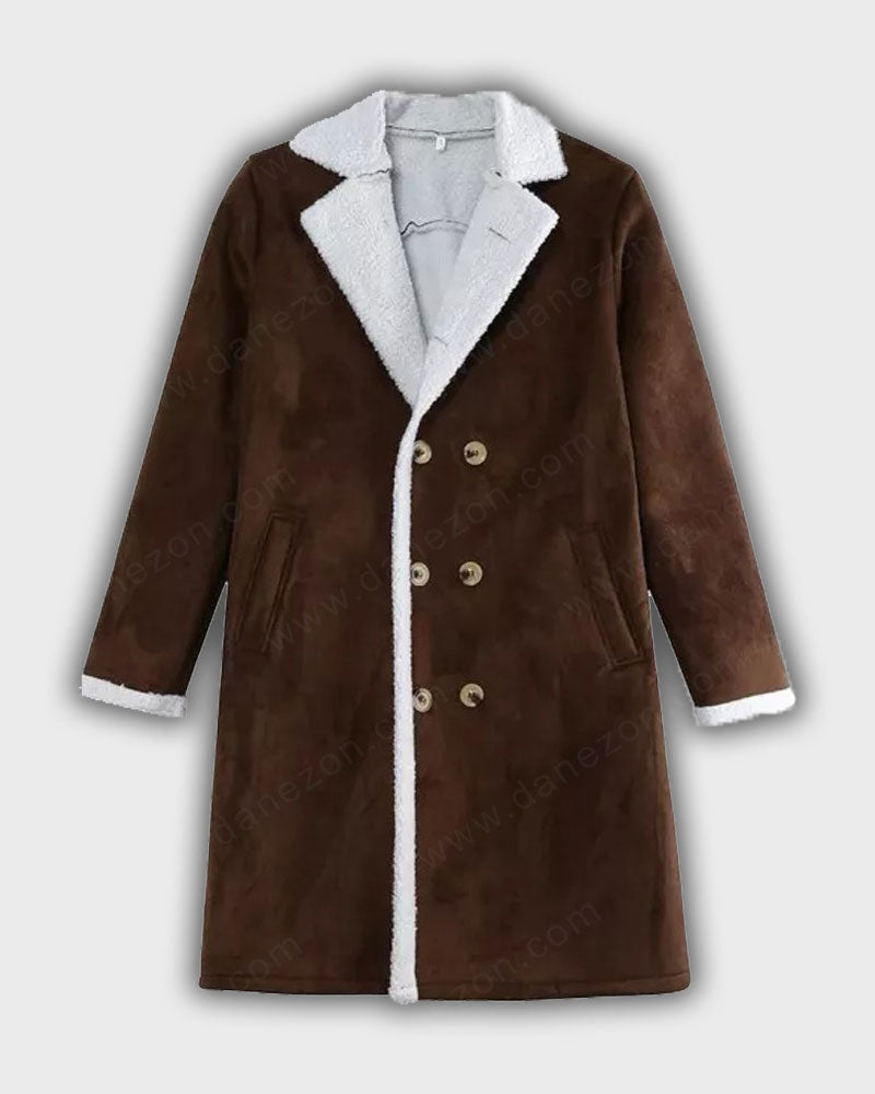Mens Shearling Brown Double-Breasted Coat Jacket men detail view 2 | Dash Racegear — Mens Suede Brown Shearling Coat