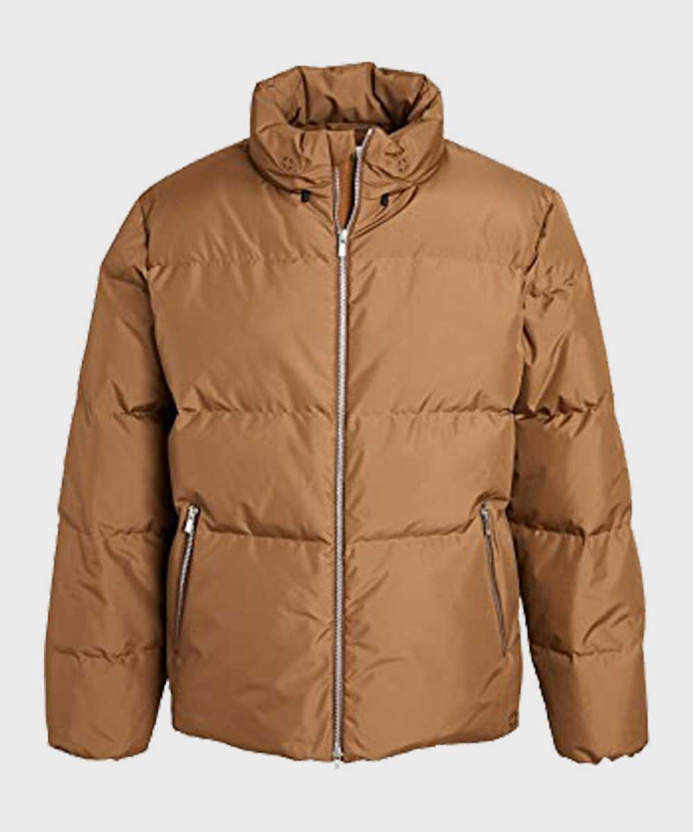 Mens Brown Down Jacket Puffer Jacket men front product view | Dash Racegear — Lightweight Brown Winter Puffer Jacket