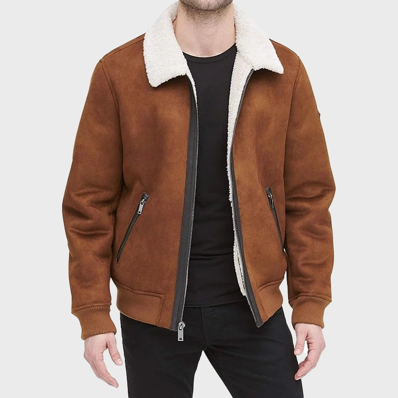 Mens Brown Faux Shearling Suede Leather Jacket Leather Jacket men detail view 2 | Dash Racegear — Mens Faux Shearling Suede Leather Jacket In Brown