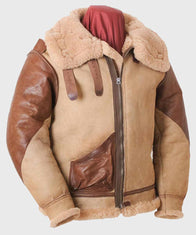 Mens Brown Tan Flying B3 Shearling Leather Jacket Leather Jacket men front product view | Dash Racegear — B3 Flying Brown Tan Shearling Leather Jacket for Mens Outfits