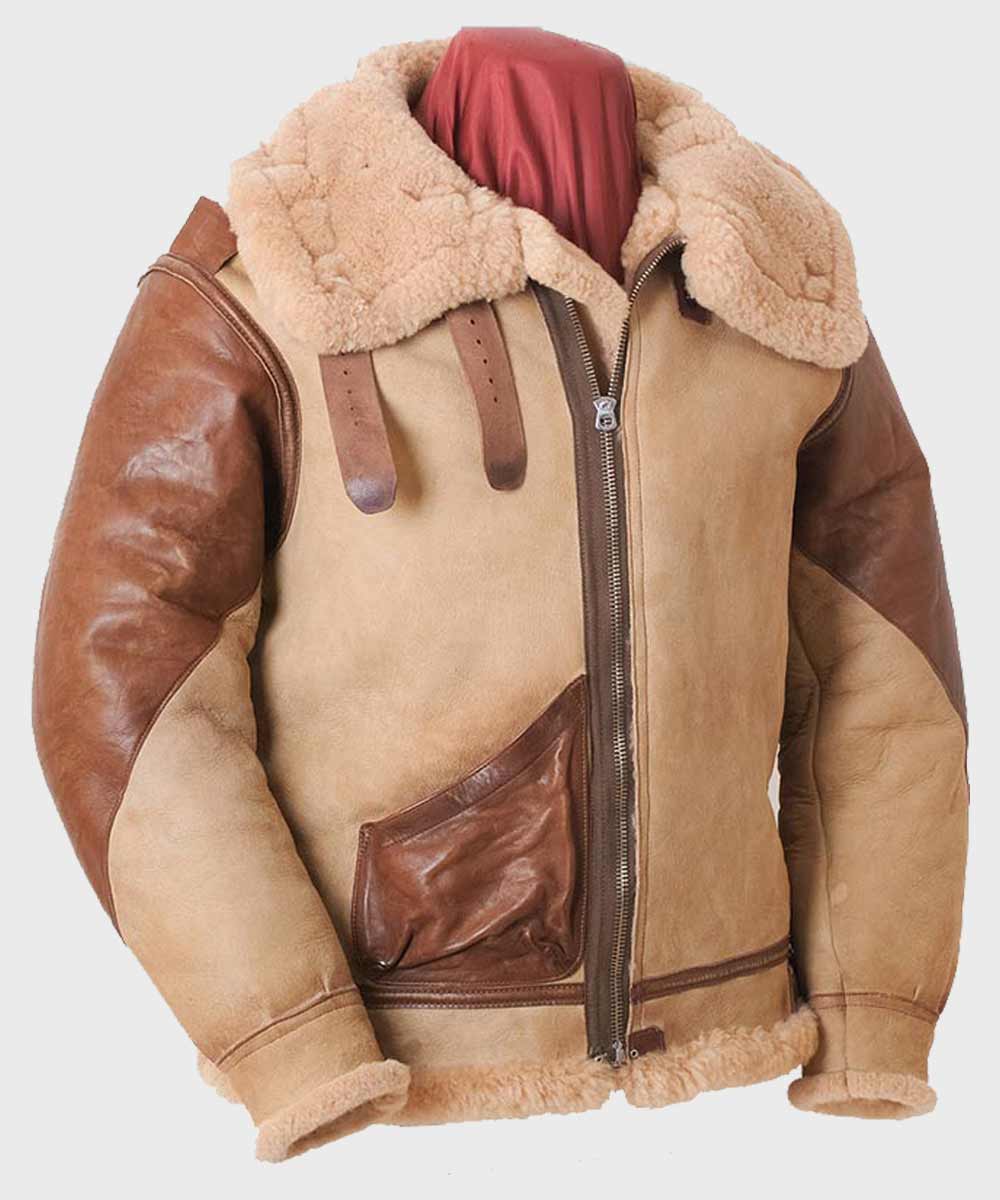Mens Brown Tan Flying B3 Shearling Leather Jacket Leather Jacket men front product view | Dash Racegear — B3 Flying Brown Tan Shearling Leather Jacket for Mens Outfits