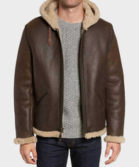 Mens Dark Brown Hooded B6 Shearling Jacket Jacket men front product view | Dash Racegear — Mens Shearling B6 Hooded Leather Jacket
